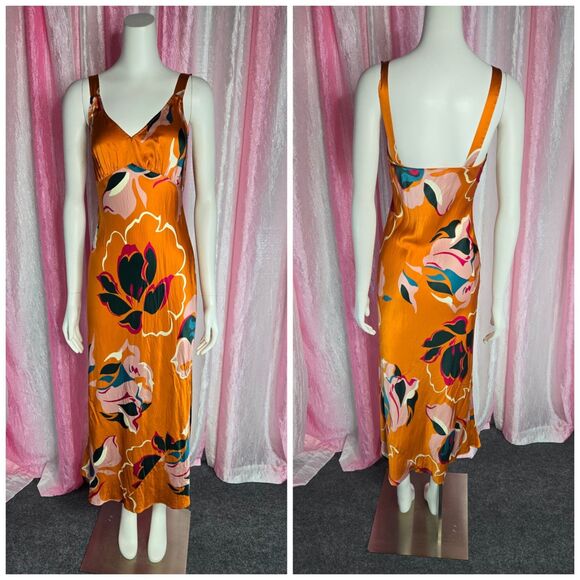 Reformation Marguerite 100% Silk Midi Electra Orange Floral Dress Size Small - Picture 1 of 12